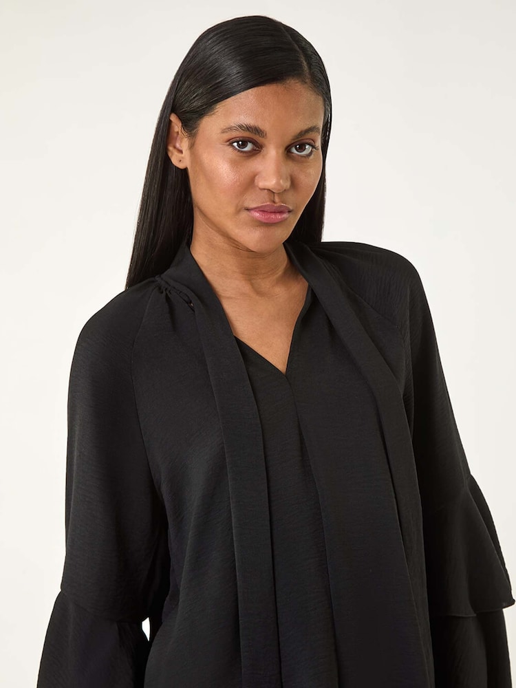 Roman Black Frilled Sleeve Tie Front Blouse - Image 4 of 5