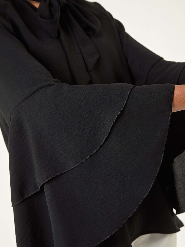 Roman Black Frilled Sleeve Tie Front Blouse - Image 5 of 5 Roman Black Frilled Sleeve Tie Front Blouse - Image 5 of 5