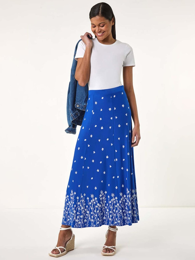 Roman Royal Blue Floral Border Print Stretch Skirt - Image 1 of 5