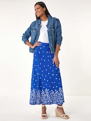 Roman Royal Blue Floral Border Print Stretch Skirt - Image 2 of 5