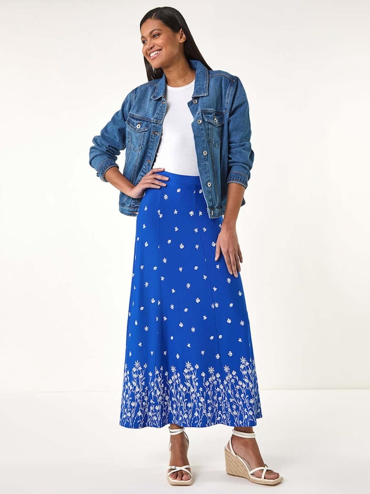 Roman Royal Blue Floral Border Print Stretch Skirt - Image 2 of 5