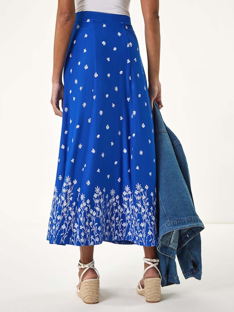Roman Royal Blue Floral Border Print Stretch Skirt - Image 3 of 5