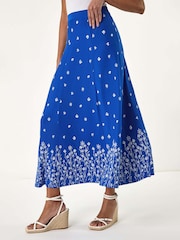 Roman Royal Blue Floral Border Print Stretch Skirt - Image 4 of 5