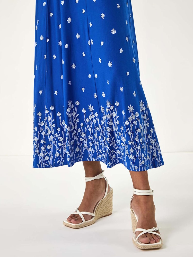 Roman Royal Blue Floral Border Print Stretch Skirt - Image 5 of 5