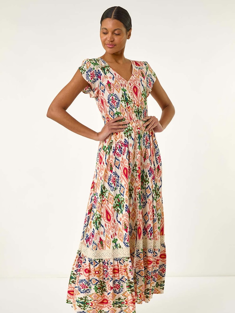Roman Orange Abstract Button Through Midi Dress - Image 1 of 5