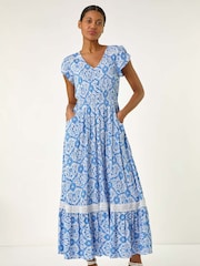 Roman Blue Tile Print Shirred Waist Midi Dress - Image 1 of 5