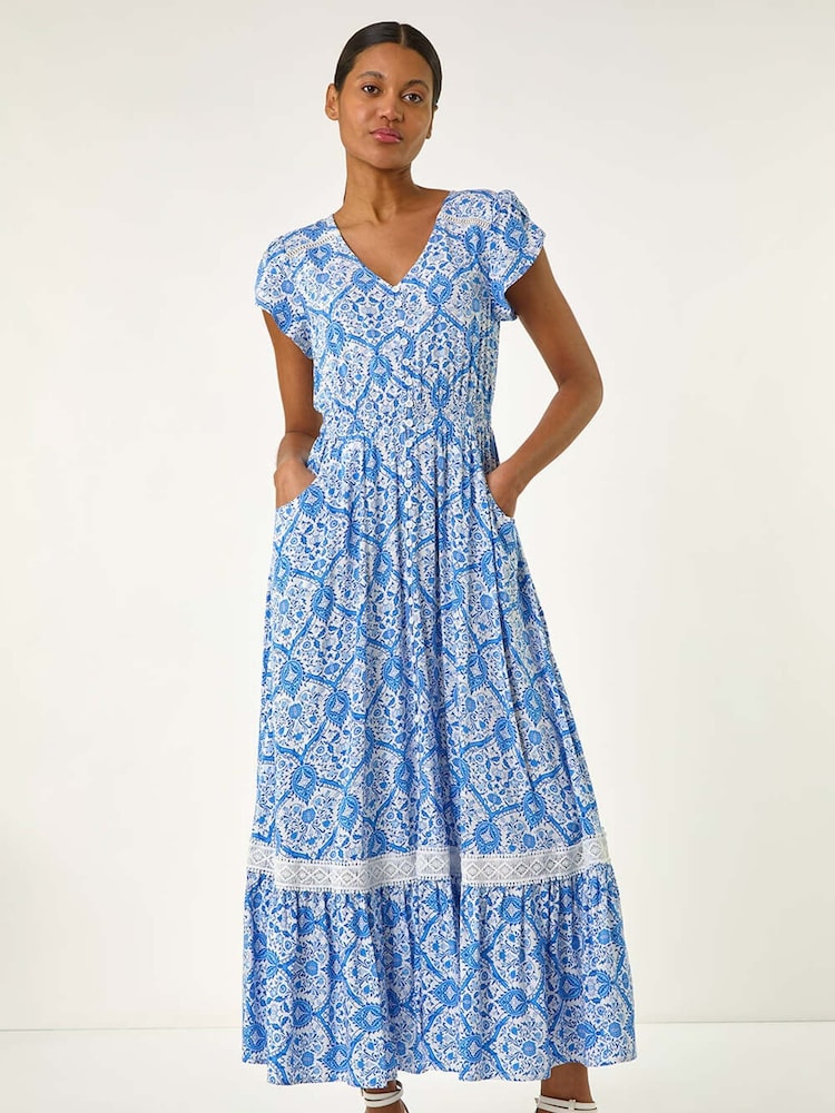Roman Blue Tile Print Shirred Waist Midi Dress - Image 1 of 5