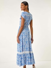 Roman Blue Tile Print Shirred Waist Midi Dress - Image 2 of 5
