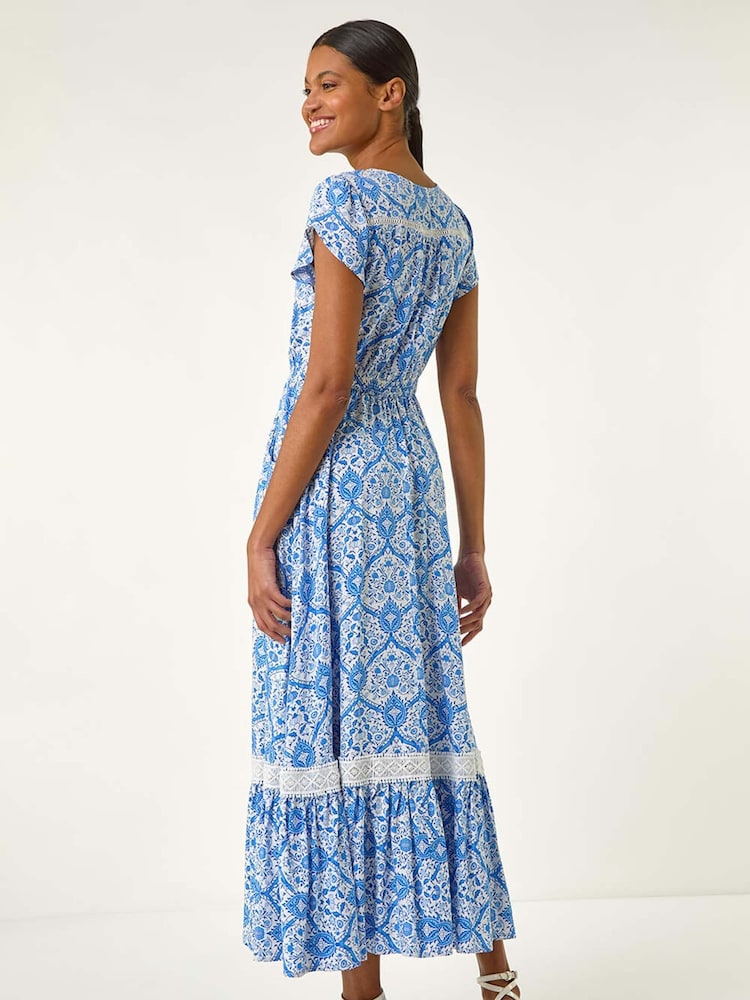 Roman Blue Tile Print Shirred Waist Midi Dress - Image 2 of 5