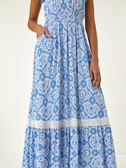 Roman Blue Tile Print Shirred Waist Midi Dress - Image 3 of 5