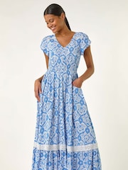 Roman Blue Tile Print Shirred Waist Midi Dress - Image 4 of 5