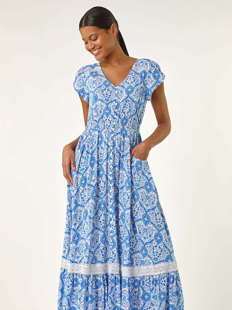 Buy Roman Blue Tile Print Shirred Waist Midi Dress from Next USA