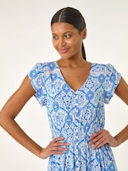 Roman Blue Tile Print Shirred Waist Midi Dress - Image 5 of 5