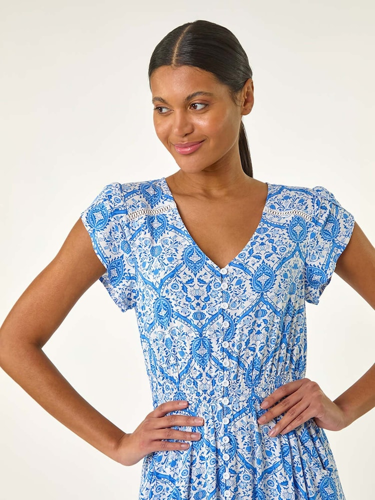 Roman Blue Tile Print Shirred Waist Midi Dress - Image 5 of 5