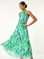 Roman Green Blurred Print Pleated Maxi Dress - Image 1 of 5