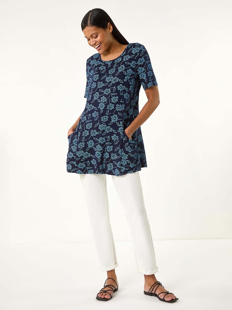 Roman Blue Floral Hanky Hem Tunic Top - Image 2 of 5