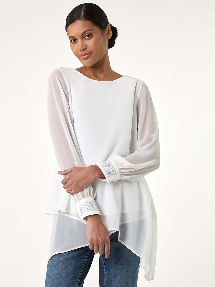 Roman White Hotfix Detail Asymmetric Hem Top - Image 1 of 5