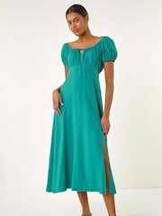 Roman Green Puff Sleeve Mix Midi Dress - Image 2 of 5