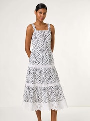 Roman Black 100% Cotton Broderie Strap Detail Midi Dress - Image 1 of 5