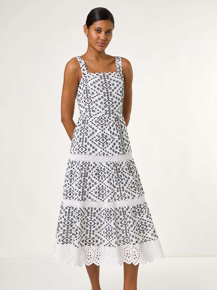 Roman Black 100% Cotton Broderie Strap Detail Midi Dress - Image 1 of 5