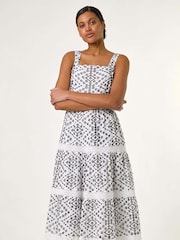 Roman Black 100% Cotton Broderie Strap Detail Midi Dress - Image 3 of 5