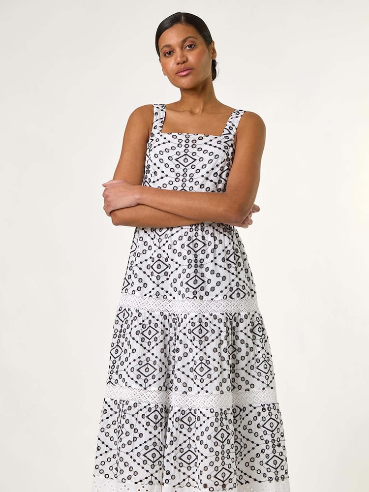 Roman Black 100% Cotton Broderie Strap Detail Midi Dress - Image 3 of 5