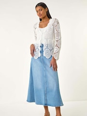 Roman White 100% Cotton Crochet Tie Front Knit Cardigan - Image 1 of 5