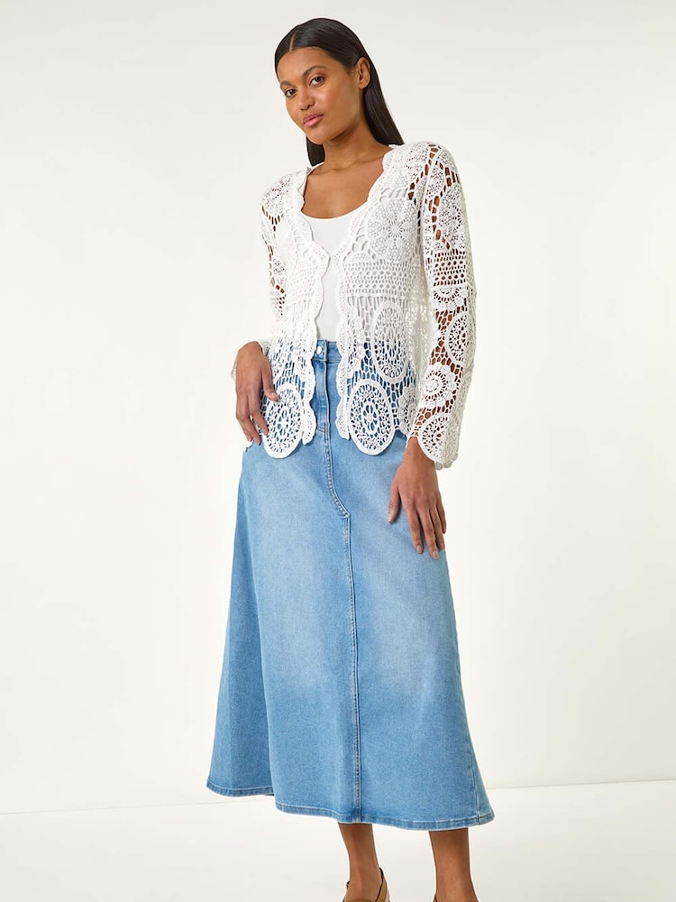 Roman White 100% Cotton Crochet Tie Front Knit Cardigan - Image 1 of 5