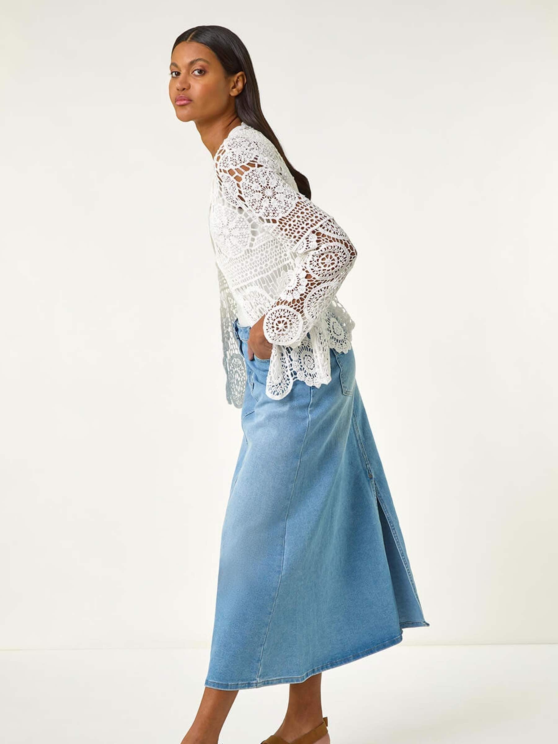 Buy Roman White 100% Cotton Crochet Tie Front Knit Cardigan from