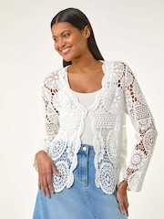 Roman White 100% Cotton Crochet Tie Front Knit Cardigan - Image 3 of 5