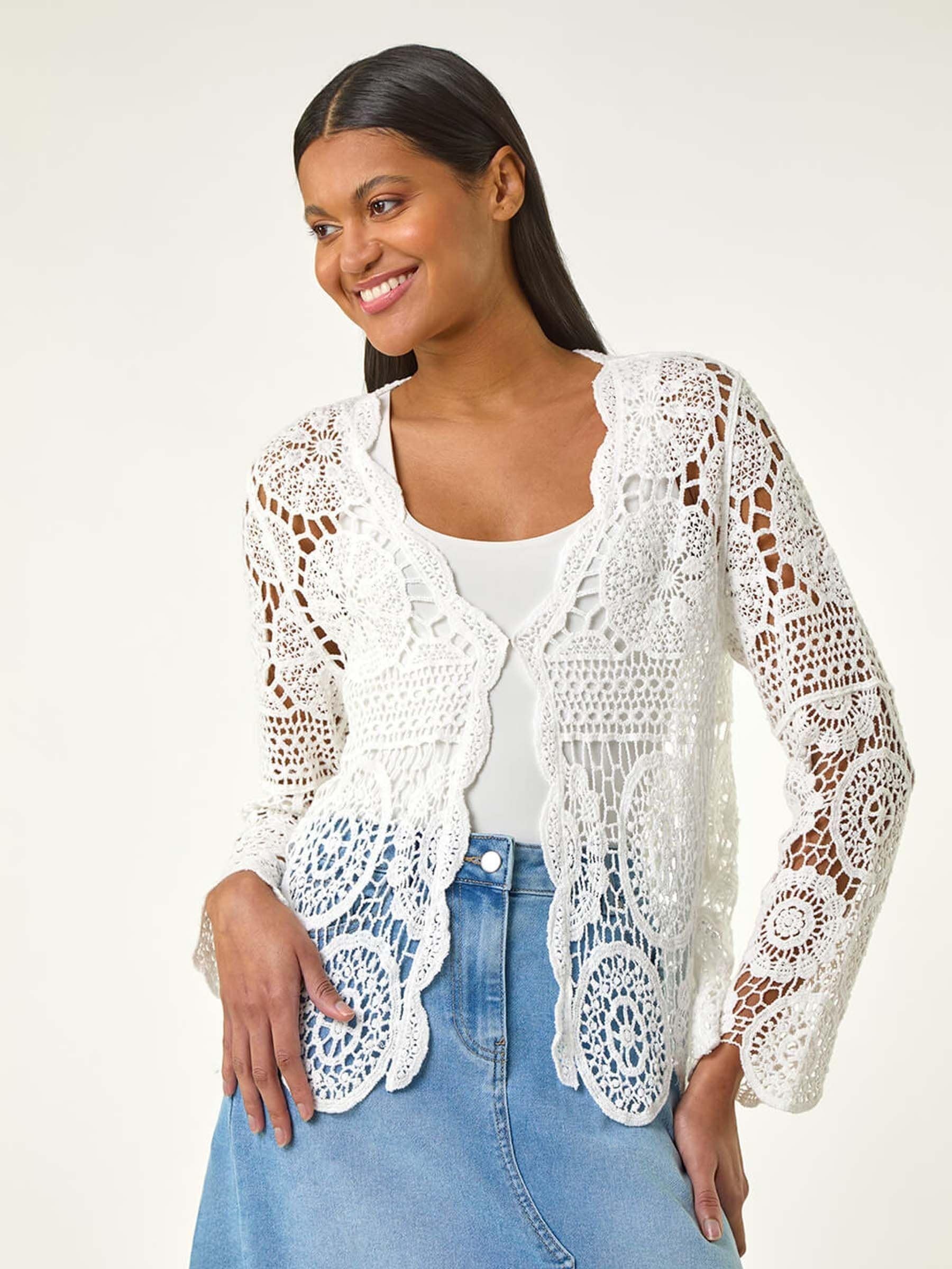 Buy Roman White 100% Cotton Crochet Tie Front Knit Cardigan from