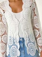 Roman White 100% Cotton Crochet Tie Front Knit Cardigan - Image 5 of 5