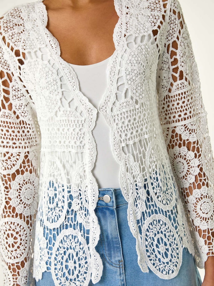 Roman White 100% Cotton Crochet Tie Front Knit Cardigan - Image 6 of 6