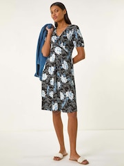 Roman Blue Floral Print V-Neck Stretch Midi Dress - Image 1 of 5