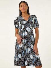 Roman Blue Floral Print V-Neck Stretch Midi Dress - Image 4 of 5