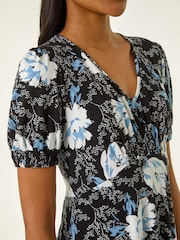 Roman Blue Floral Print V-Neck Stretch Midi Dress - Image 5 of 5