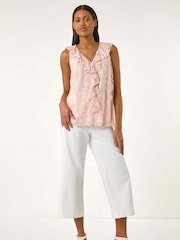 Roman Pink Lace V-Neck Ruffle Front Blouse - Image 4 of 5