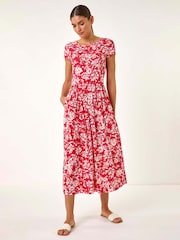 Roman Red Floral Print V-Neck Ruched Midi Dress - Image 1 of 5