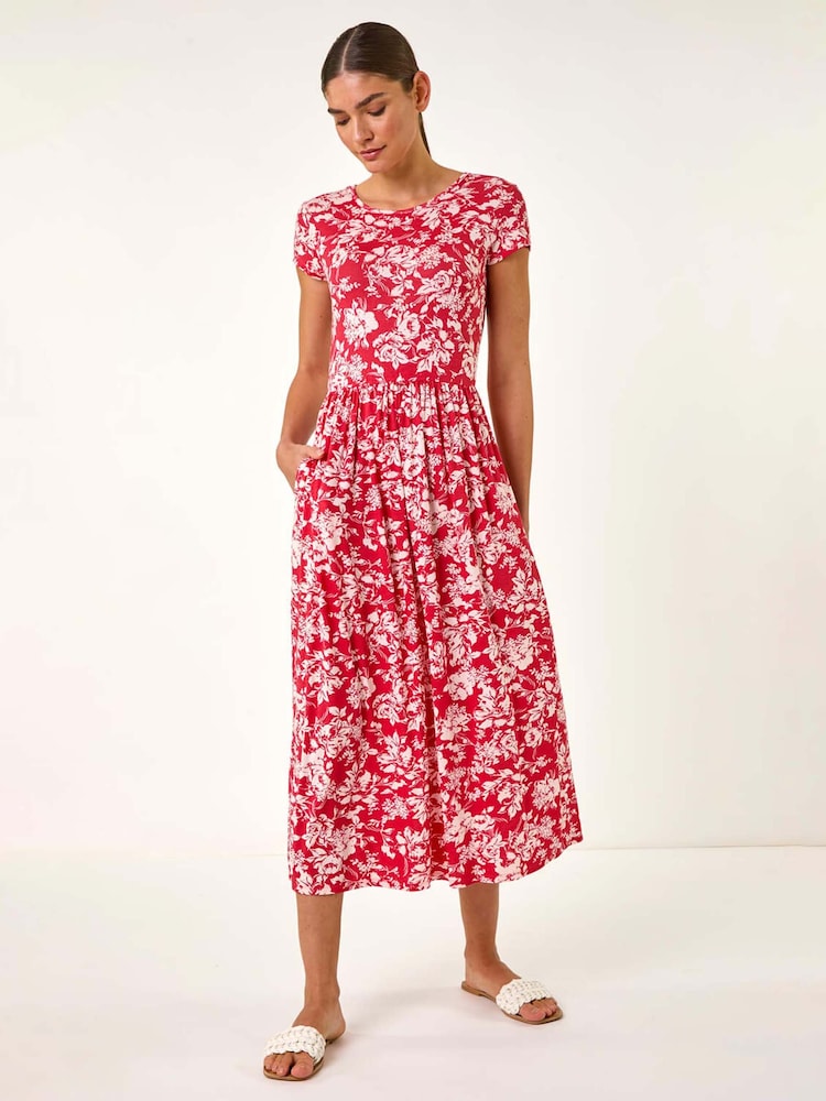 Roman Red Floral Print V-Neck Ruched Midi Dress - Image 1 of 5