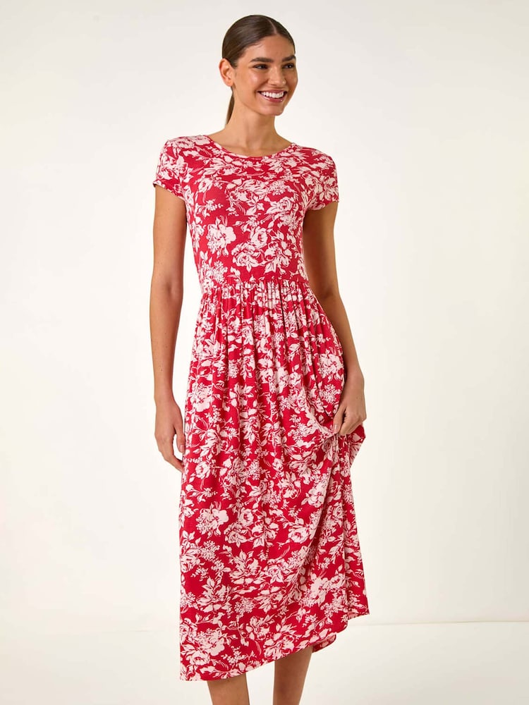Roman Red Floral Print V-Neck Ruched Midi Dress - Image 2 of 5