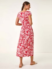Roman Red Floral Print V-Neck Ruched Midi Dress - Image 3 of 5