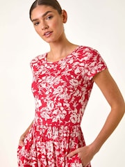 Roman Red Floral Print V-Neck Ruched Midi Dress - Image 4 of 5