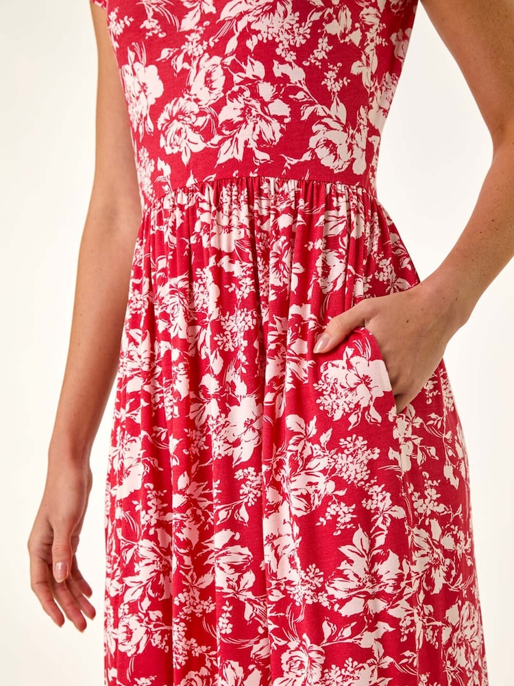 Roman Red Floral Print V-Neck Ruched Midi Dress - Image 5 of 5