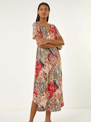 Roman Red Patchwork Print Curved Hem Midi Dress - Image 1 of 5