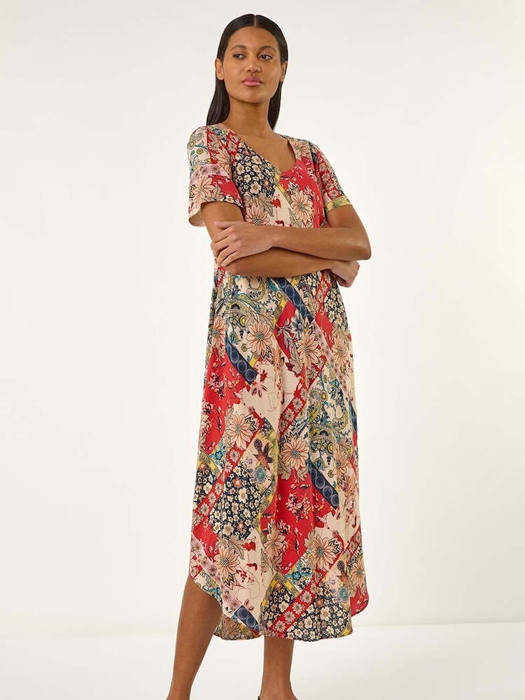 Roman Red Patchwork Print Curved Hem Midi Dress - Image 1 of 5