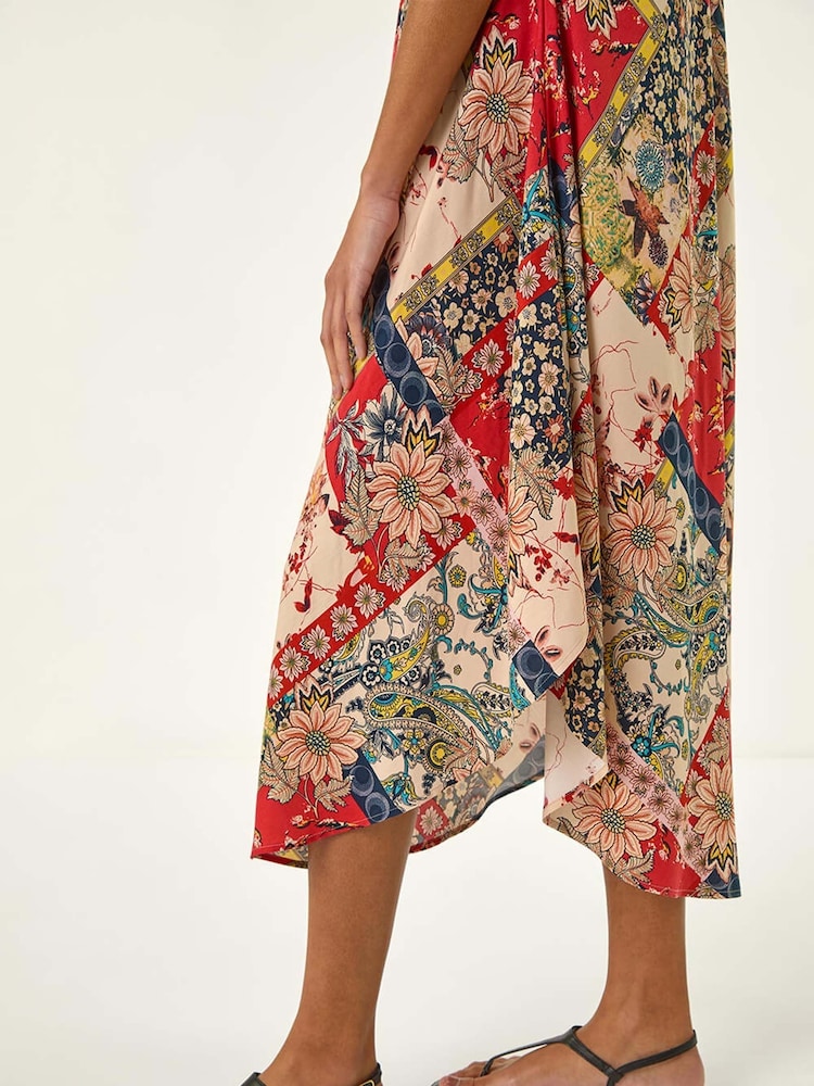 Roman Red Patchwork Print Curved Hem Midi Dress - Image 2 of 5
