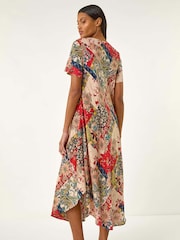 Roman Red Patchwork Print Curved Hem Midi Dress - Image 3 of 5