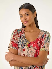 Roman Red Patchwork Print Curved Hem Midi Dress - Image 4 of 5
