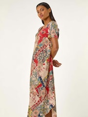 Roman Red Patchwork Print Curved Hem Midi Dress - Image 5 of 5