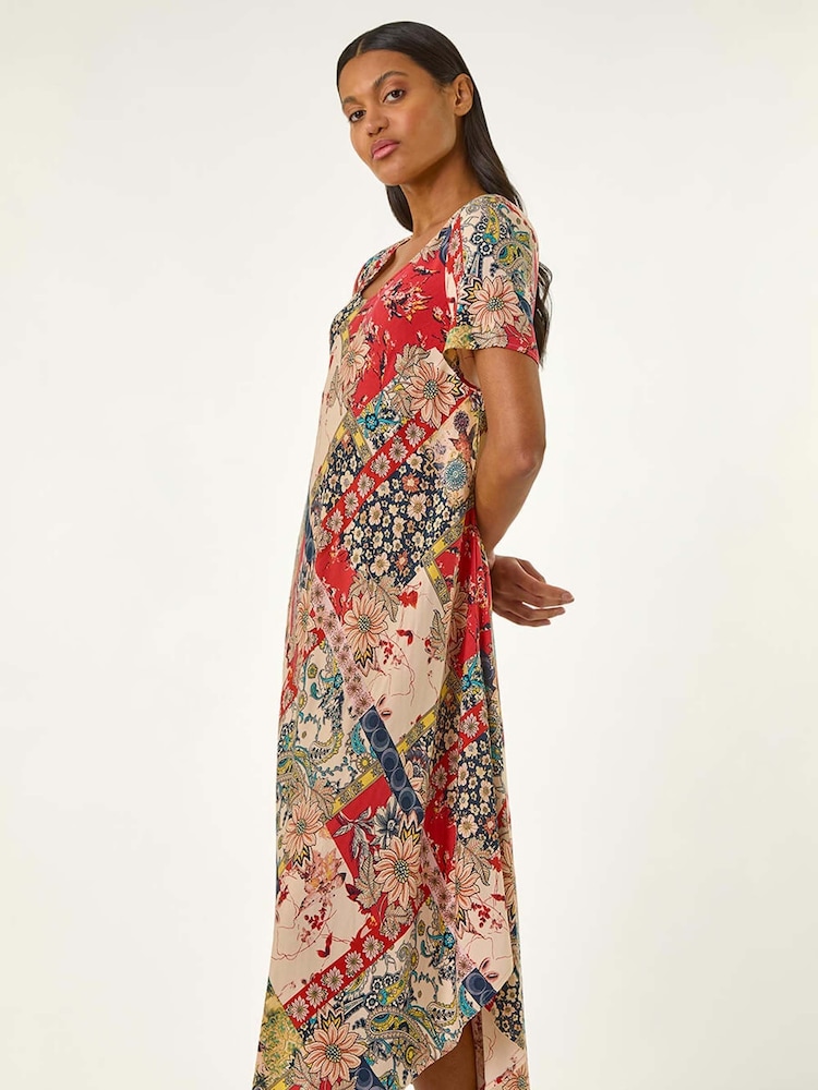 Roman Red Patchwork Print Curved Hem Midi Dress - Image 5 of 5